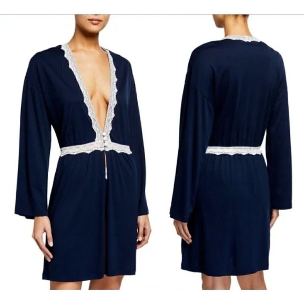 Cosabella Deep Navy Tie-Front Robe with White Lace